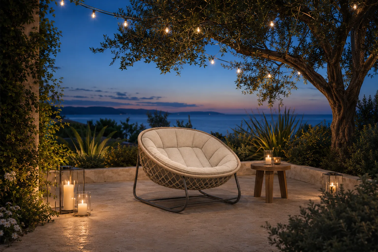Vela Loungesessel am Abend mit Meerblick, Kerzen und Lichterkette im Olivenbaum