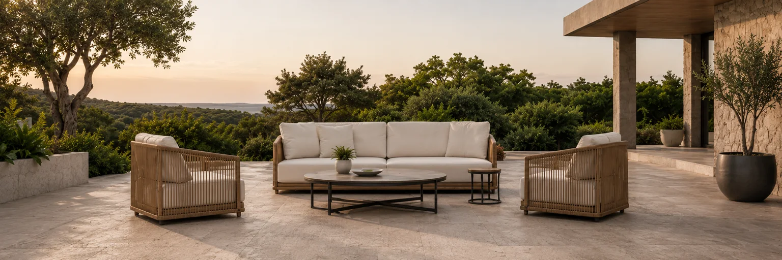 TERRANE Loungeset aus Sofa und Sesseln auf einer Steinterrasse bei Sonnenuntergang mit Blick über die Hügel