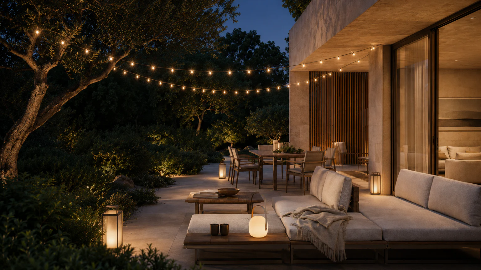 Abendliche TERRANE Terrasse mit Lounge- und Essmöbeln, warmen Laternen und Lichterketten zwischen alten Bäumen