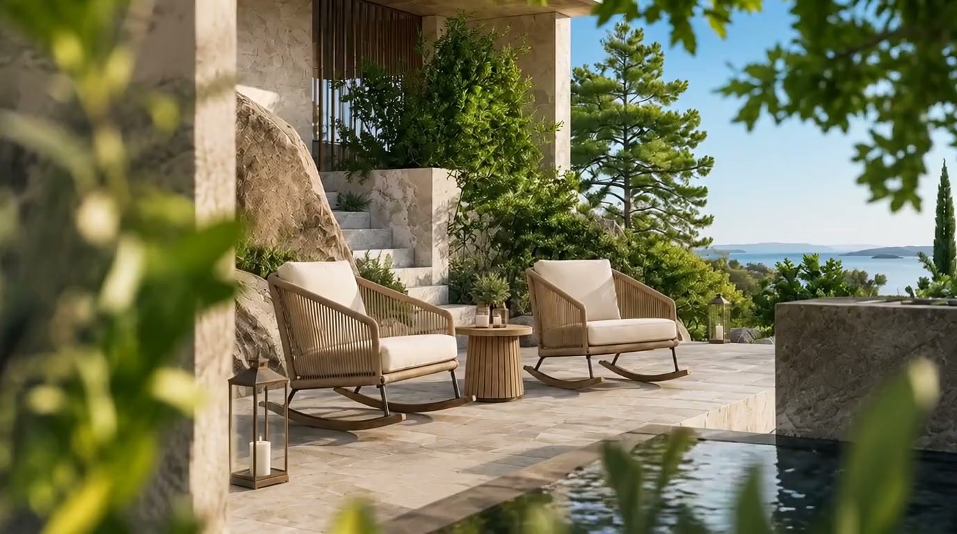Terrasse mit Loungesesseln und Blick aufs Meer im Sonnenlicht